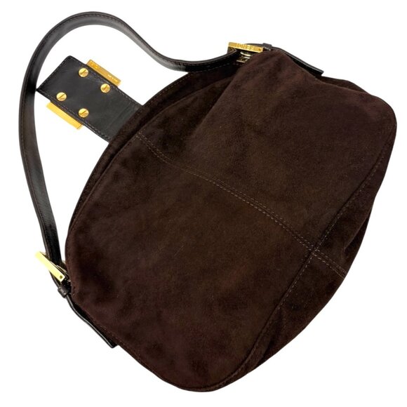 FENDI Vintage FF Logo Shoulder Bag Crossbody Brown Gold Suede Leather [106214] - Picture 11 of 14